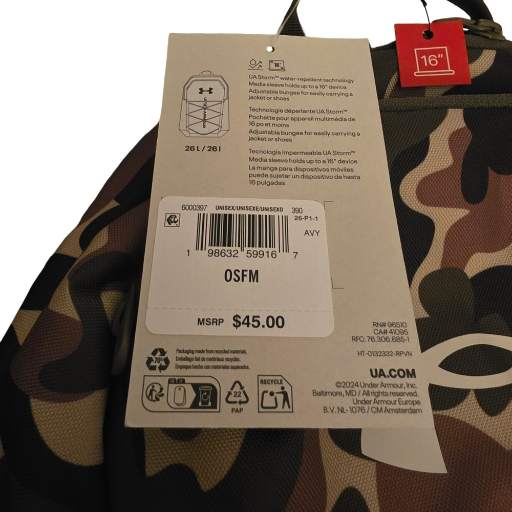 Under Armour Hustle Sport 6.0 - Marine Camo 26L NEW - Picture 7 of 7